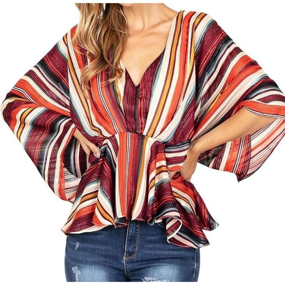 A. Calin Women's Kimono Style Striped Blouse 70's Inspired - Size Med